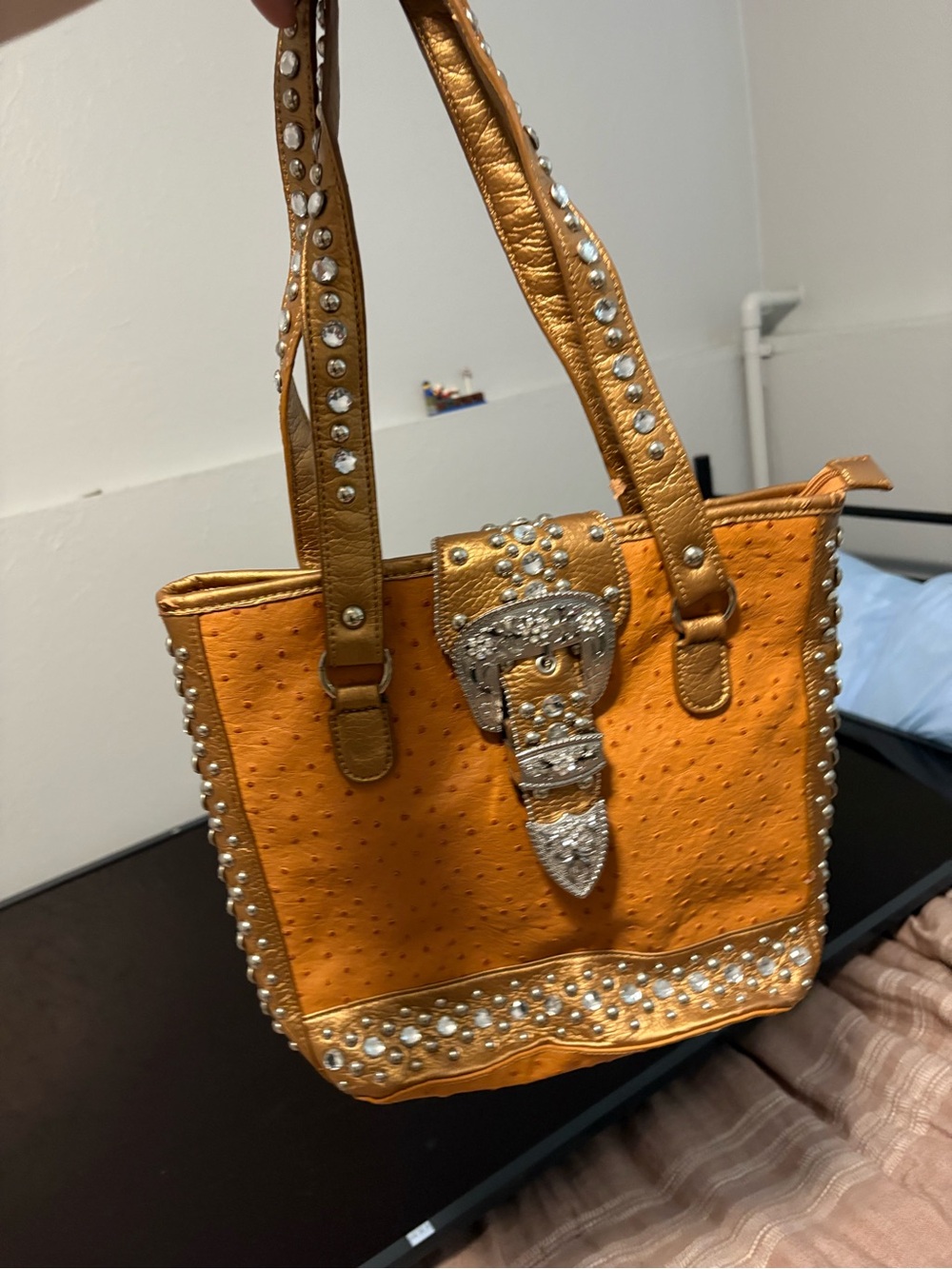 Embellished Orange Tote Bag with Crystal Buckle